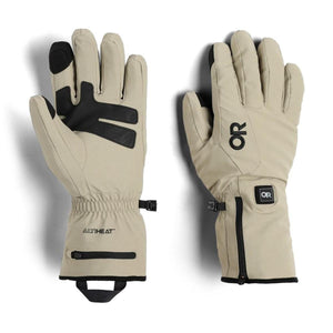 Outdoor Research AltiHeat heated gloves in tan with black palm grip and zippered battery pocket