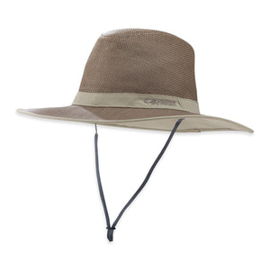 Outdoor Research brown straw fedora hat with a tan band and chin strap