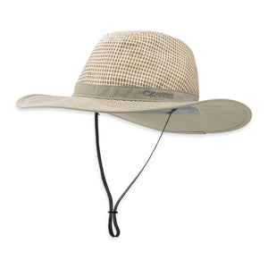 Outdoor Research tan sun hat with mesh crown and chin strap