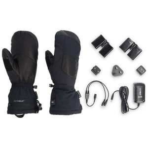 Outdoor Research heated mittens with batteries and charging accessories