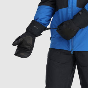 Outdoor Research black heated mittens with leather palms and wrist leashes