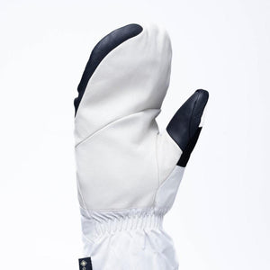 White and black leather ski mitten with elastic wrist