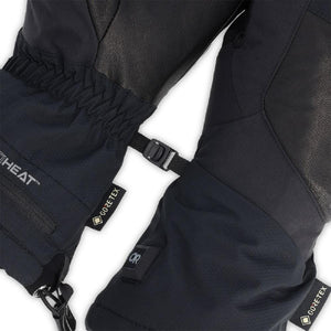 Black Outdoor Research heated gloves with Gore-Tex branding and adjustable wrist strap