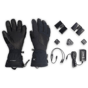 Outdoor Research heated gloves with batteries and charging accessories