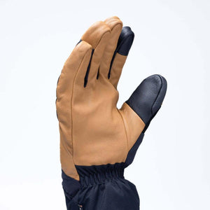 Tan leather glove with black leather fingertips and black cuff