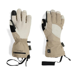 Outdoor Research heated gloves in tan and black with Gore-Tex branding