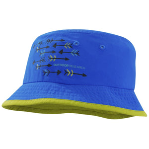 Blue Outdoor Research bucket hat with yellow brim and arrow graphic print
