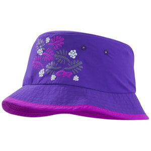 Outdoor Research purple bucket hat with floral and leaf pattern