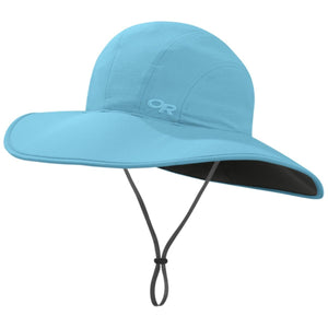 Outdoor Research light blue sun hat with wide brim and chin strap
