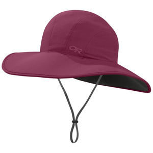 Outdoor Research maroon sun hat with wide brim and adjustable chin strap
