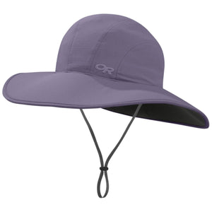 Outdoor Research purple sun hat with wide brim and adjustable chin strap