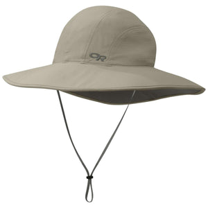 Outdoor Research tan sun hat with wide brim and adjustable chin strap