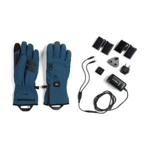 Outdoor Research heated gloves with batteries and charging accessories