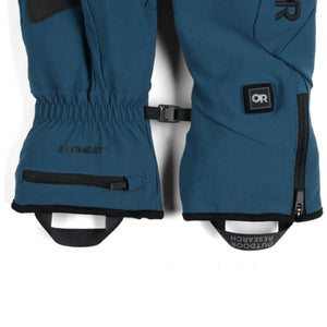Blue Outdoor Research AltiHeat heated gloves with zippered pockets and adjustable wrist straps