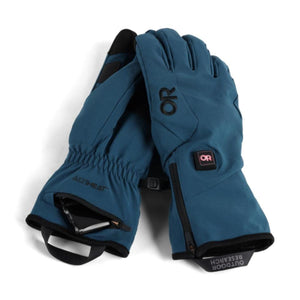 Outdoor Research blue heated gloves with zippered battery pocket