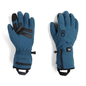 Outdoor Research blue heated gloves with black palm grip and zippered battery pocket