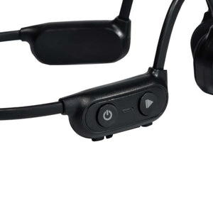 Outdoor Tech bone conduction headphones control panel with power and play buttons