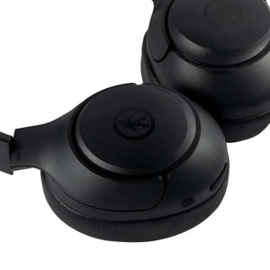 Close up of black wireless over ear headphones with Outdoor Tech logo