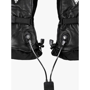 Auclair black leather heated mittens with charging cables connected to the wrist ports