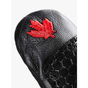 Auclair black leather glove with red embroidered maple leaf detail