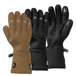 Mobile Warming heated gloves in tan and black with textured palms and power buttons