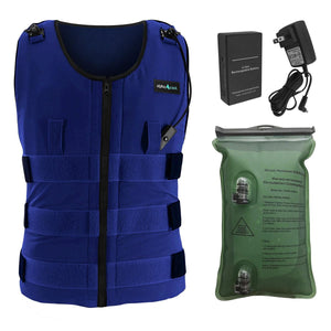 AlphaCool blue cooling vest with rechargeable battery charger and water bladder