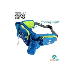 ExtremeMIST blue and lime green detachable hydration waist pack with bottle holders and zipper pockets