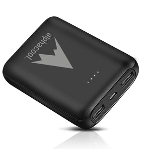 Alphacool black portable power bank with two USB output ports and LED battery indicator