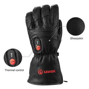 Savior Heat black leather glove with thermal control button and sheepskin texture detail