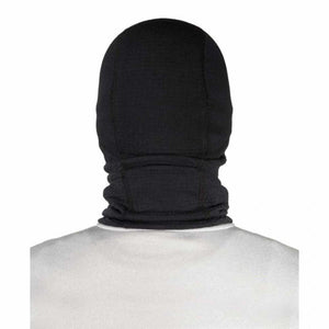 Back view of a black balaclava worn over a white shirt