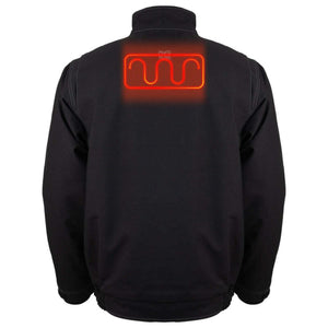 Back view of a black Mobile Warming heated jacket with a glowing red heating element graphic on the upper back