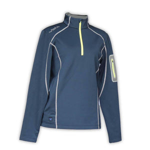 Volt Heat blue quarter zip long sleeve shirt with neon yellow zipper and sleeve pocket