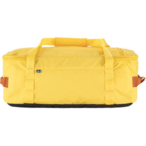Fjallraven yellow duffel bag with black base and brown side handles