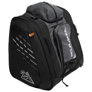 Kulkea black and grey ski boot backpack with side pockets and zipper closures