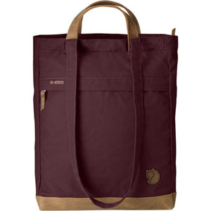 FjallRaven burgundy tote bag with leather handles and base
