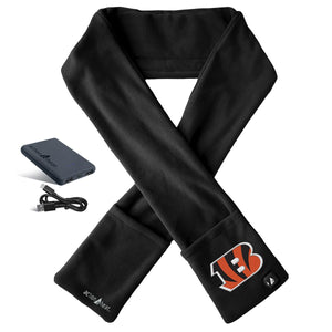 ActionHeat black fleece scarf with Cincinnati Bengals logo battery pack and charging cable