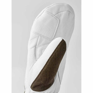 White leather mitten with brown textured palm patch
