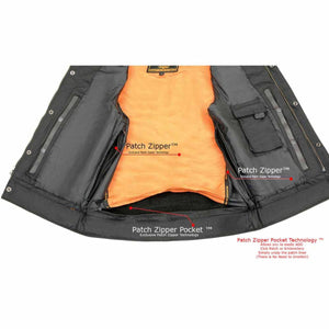 Milwaukee Leather vest interior showing patch zipper pocket technology for adding patches without unstitching
