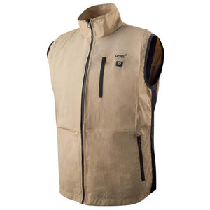 Tan Gobi Heat heated vest with black zipper details and logo