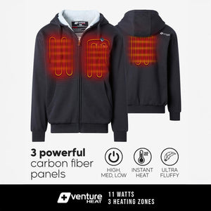 Venture Heat black zip up hoodie with three glowing carbon fiber heating panels and feature icons