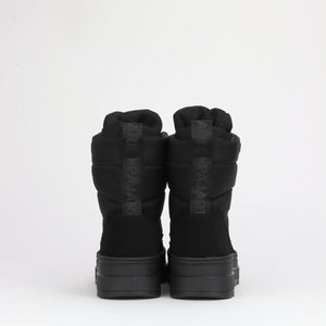 Back view of black Pajar winter boots with quilted shaft and branded pull tab