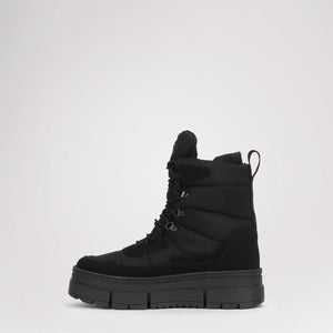 Black quilted lace up ankle boot with thick rubber lug sole
