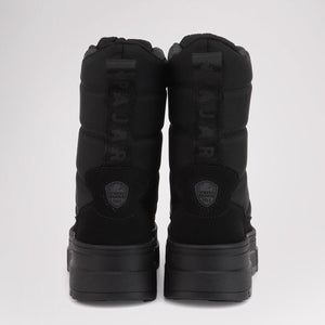 Rear view of black Pajar winter boots with quilted shafts and branded heel tabs