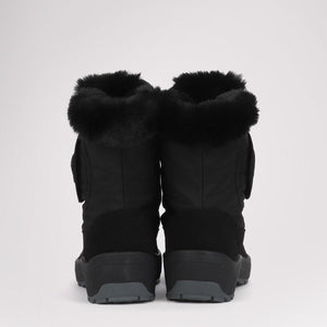 Back view of black Pajar winter boots with faux fur trim