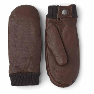 Hestra brown leather mittens with ribbed cuffs