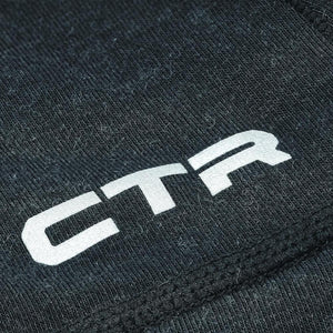 White CTR logo printed on black fabric