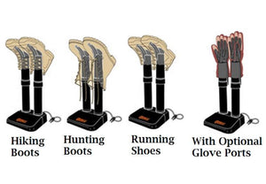 Peet dryer showing usage with hiking boots, hunting boots, running shoes, and optional glove ports