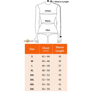 California Heat size chart showing chest and sleeve length measurements for sizes S through 5XL