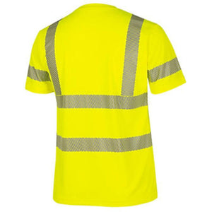 Back view of a high visibility yellow short sleeve work shirt with reflective tape strips