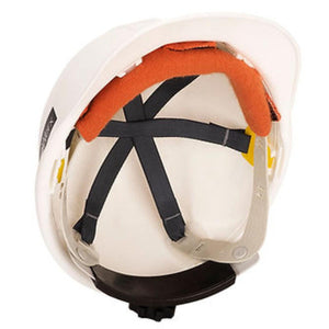 Interior view of Pioneer white hard hat with adjustable suspension straps and orange brow pad